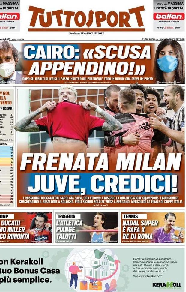 Prima Pagina, Tuttosport: “Frenata Milan, Juve credici! Pioli sicuro solo se vince a Bergamo” Prima Pagina, Tuttosport: “Frenata Milan, Juve credici! Pioli sicuro solo se vince a Bergamo”