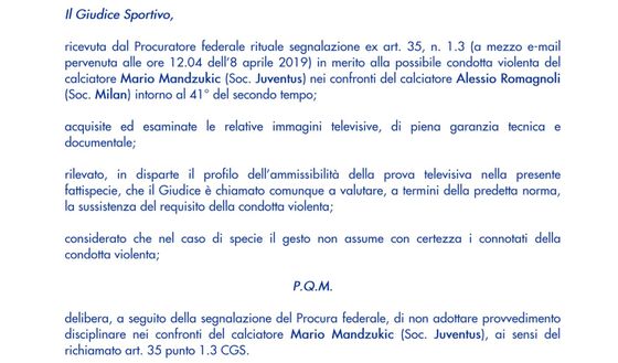 Giudice Sportivo: niente prova tv per Mandzukic 