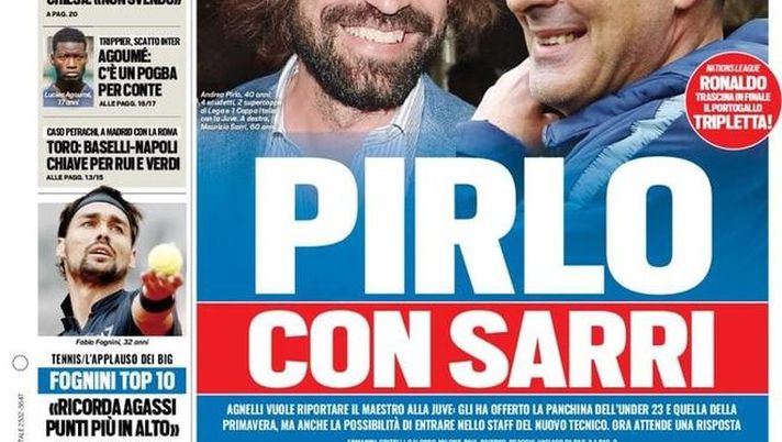 Prima Pagina, Tuttosport: “Pirlo con Sarri. Milan sospeso, Toro imbufalito. Buffon, PSG addio” 