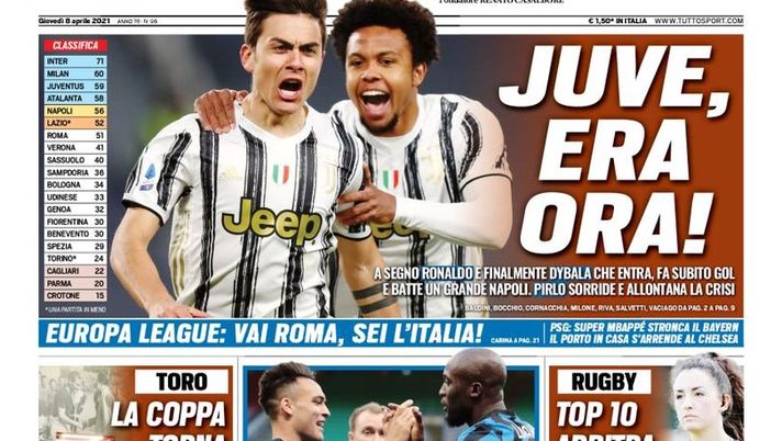 Prima Pagina, Tuttosport: “Juve, era ora! Finalmente Dybala. L’Inter saluta, +11” 