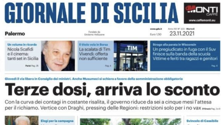 Prima Pagina, Giornale di Sicilia: “Terze dosi, arriva lo sconto. Scontri sulla Regione”  Prima Pagina, Giornale di Sicilia: “Terze dosi, arriva lo sconto. Scontri sulla Regione”
