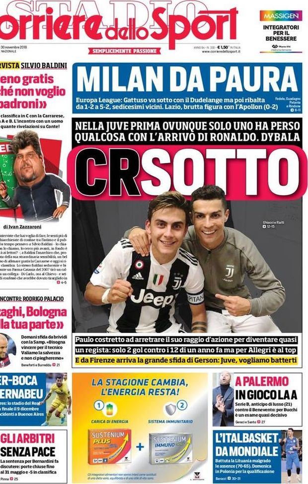 Prima Pagina, Corriere dello Sport: “CRSotto. Milan da paura. A Palermo in gioco la A. River-Boca al Bernabeu…” Prima Pagina, Corriere dello Sport: “CRSotto. Milan da paura. A Palermo in gioco la A. River-Boca al Bernabeu…”