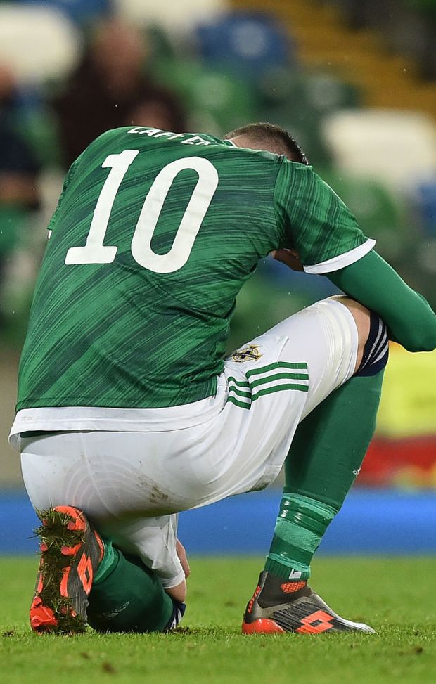 BELFAST, NORTHERN IRELAND - NOVEMBER 12: Kyle Lafferty of Northern Ireland reacts after the UEFA EURO 2020 Play-Off Final between Northern Ireland and Slovakia at Windsor Park on November 12, 2020 in Belfast, Northern Ireland. Northern Ireland are allowing a limited number of spectators 1060 to be in attendance as Covid-19 pandemic restrictions are eased. (Photo by Charles McQuillan/Getty Images) BELFAST, NORTHERN IRELAND - NOVEMBER 12: Kyle Lafferty of Northern Ireland reacts after the UEFA EURO 2020 Play-Off Final between Northern Ireland and Slovakia at Windsor Park on November 12, 2020 in Belfast, Northern Ireland. Northern Ireland are allowing a limited number of spectators 1060 to be in attendance as Covid-19 pandemic restrictions are eased. (Photo by Charles McQuillan/Getty Images)