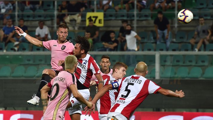 PALERMO, ITALY - AUGUST 05:  Slobodan Rajkovic of Palermo scores the second equalizing goal during the TIM Cup match between US Citta' di Palermo and Vicenza Calcio at Stadio Renzo Barbera on August 5, 2018 in Palermo, Italy.  (Photo by Tullio M. Puglia/Getty Images) 