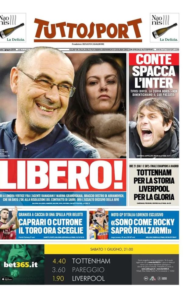 Prima Pagina, Tuttosport: “Libero! Conte spacca l’Inter. Tottenham per la storia, Liverpool…” Prima Pagina, Tuttosport: “Libero! Conte spacca l’Inter. Tottenham per la storia, Liverpool…”