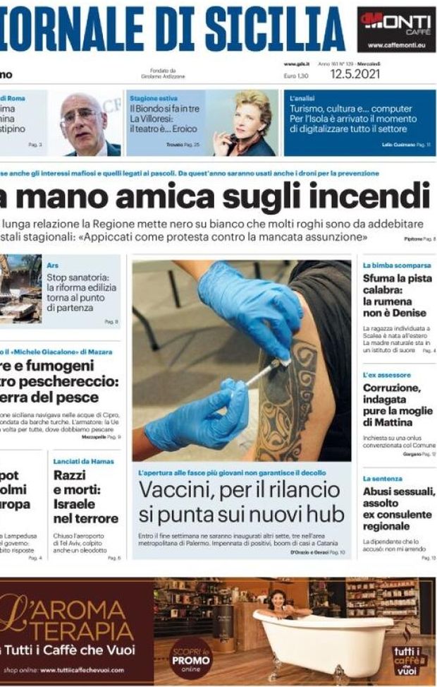 Prima Pagina, Giornale di Sicilia: &#8220;La mano amica sugli incendi. Vaccini, per il rilancio si punta sui nuovi hub&#8221; 
