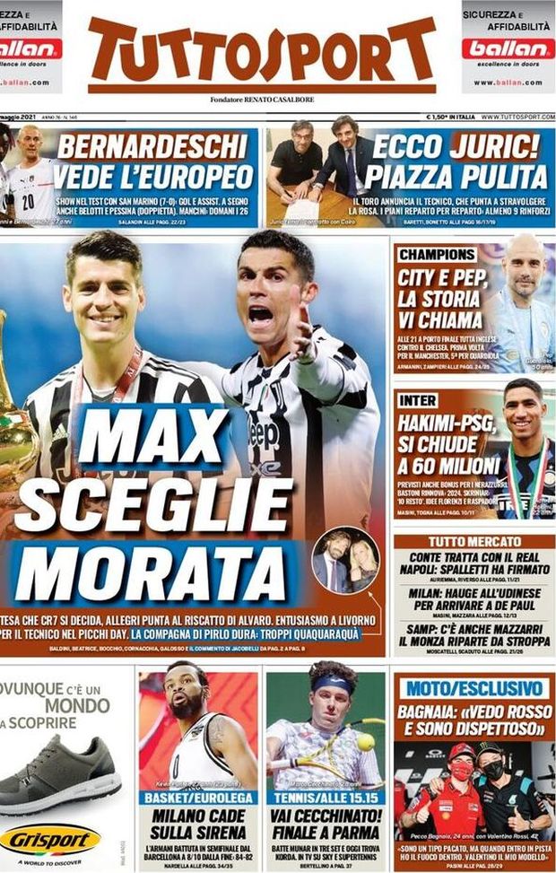Prima Pagina, Tuttosport: “Max sceglie Morata! City e Pep, la storia vi chiama” Prima Pagina, Tuttosport: “Max sceglie Morata! City e Pep, la storia vi chiama”