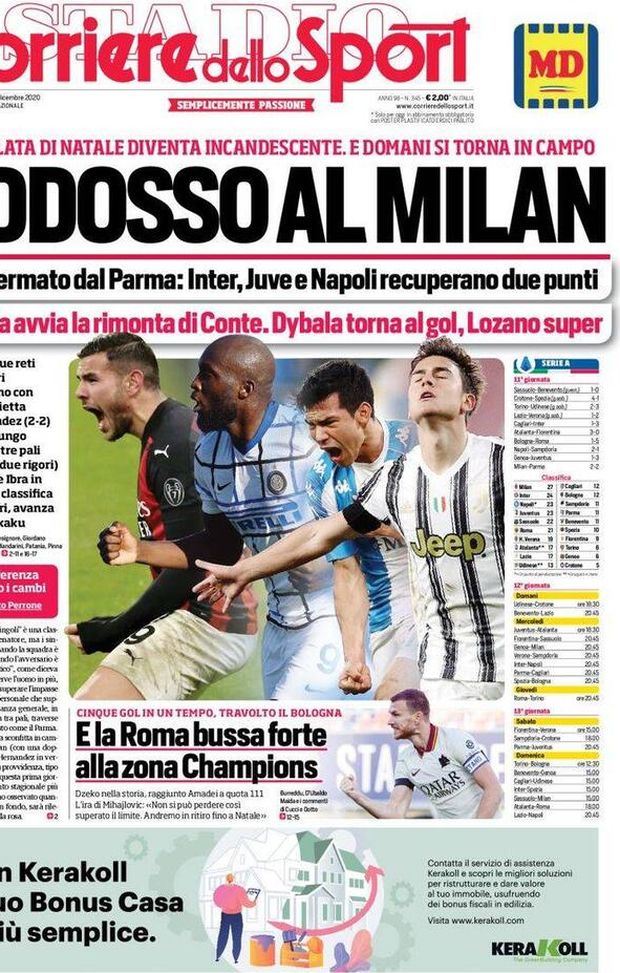  Corriere dello Sport, la prima pagina di oggi, lunedì 14 dicembre 2020 
