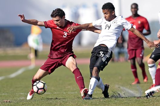VILA REAL SANTO ANTONIO, PORTUGAL - FEBRUARY 12: Karim-David Adeyemi (R) of Germany U16 challenges Eduardo Quaresma (L) of Portugal U16 during UEFA Development Tournament match between U16 Germany and U16 Portugal at VRSA Stadium on February 12, 2018 in Vila Real Santo Antonio, Portugal. (Photo by Ricardo Nascimento/Getty Images) VILA REAL SANTO ANTONIO, PORTUGAL - FEBRUARY 12: Karim-David Adeyemi (R) of Germany U16 challenges Eduardo Quaresma (L) of Portugal U16 during UEFA Development Tournament match between U16 Germany and U16 Portugal at VRSA Stadium on February 12, 2018 in Vila Real Santo Antonio, Portugal. (Photo by Ricardo Nascimento/Getty Images)
