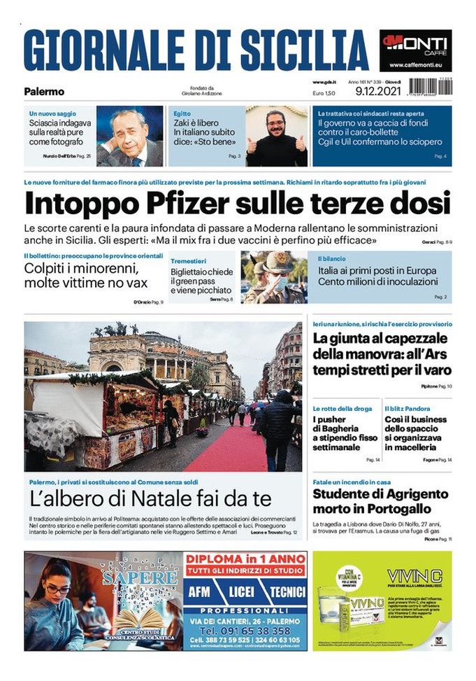 Prima Pagina, Giornale di Sicilia: “Intoppo Pfizer sulle terze dosi” Prima Pagina, Giornale di Sicilia: “Intoppo Pfizer sulle terze dosi” - immagine 1