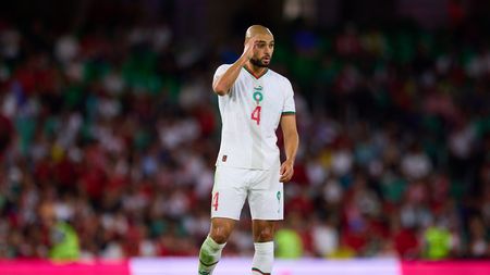 SEVILLE, SPAIN - SEPTEMBER 27: Sofyan Amrabat of Morocco looks on during a friendly match between Paraguay and Morocco at Estadio Benito Villamarin on September 27, 2022 in Seville, Spain. (Photo by Fran Santiago/Getty Images)