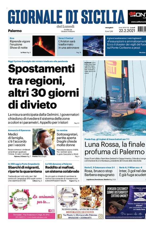 Prima Pagina, Giornale di Sicilia: “Spostamenti tra regioni, altri 30 giorni di divieto. Rosa brusco stop, Barbera espugnato” Prima Pagina, Giornale di Sicilia: “Spostamenti tra regioni, altri 30 giorni di divieto. Rosa brusco stop, Barbera espugnato”