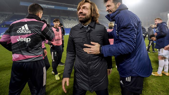 REGGIO NELL'EMILIA, ITALY - JANUARY 20: head coach of Juventus Andrea Pirlo and Gianluigi Buffon celebrate winning the Italian PS5 Supercup after the Italian PS5 Supercup match between Juventus and SSC Napoli at Mapei Stadium - Citta' del Tricolore on January 20, 2021 in Reggio nell'Emilia, Italy. (Photo by Daniele Badolato - Juventus FC/Juventus FC via Getty Images) REGGIO NELL'EMILIA, ITALY - JANUARY 20: head coach of Juventus Andrea Pirlo and Gianluigi Buffon celebrate winning the Italian PS5 Supercup after the Italian PS5 Supercup match between Juventus and SSC Napoli at Mapei Stadium - Citta' del Tricolore on January 20, 2021 in Reggio nell'Emilia, Italy. (Photo by Daniele Badolato - Juventus FC/Juventus FC via Getty Images)