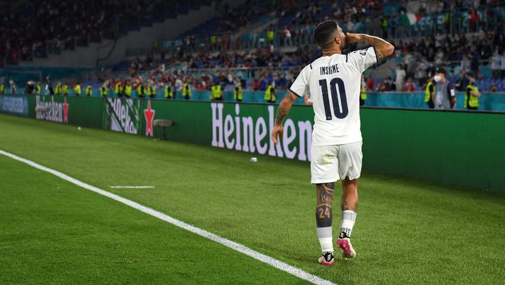 ROME, ITALY - JUNE 11: Lorenzo Insigne of Italy celebrates after scoring their side's third goal during the UEFA Euro 2020 Championship Group A match between Turkey and Italy at the Stadio Olimpico on June 11, 2021 in Rome, Italy. (Photo by Mike Hewitt/Getty Images) 