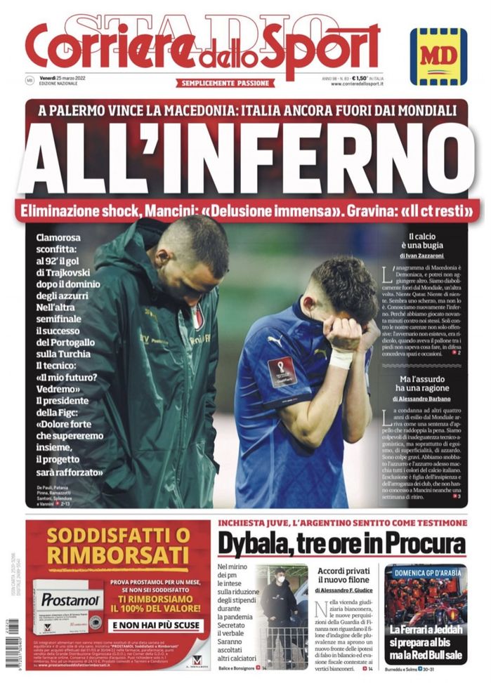 Prima Pagina, Corriere dello Sport: “All’inferno. Eliminazione shock”  Prima Pagina, Corriere dello Sport: “All’inferno. Eliminazione shock” - immagine 1
