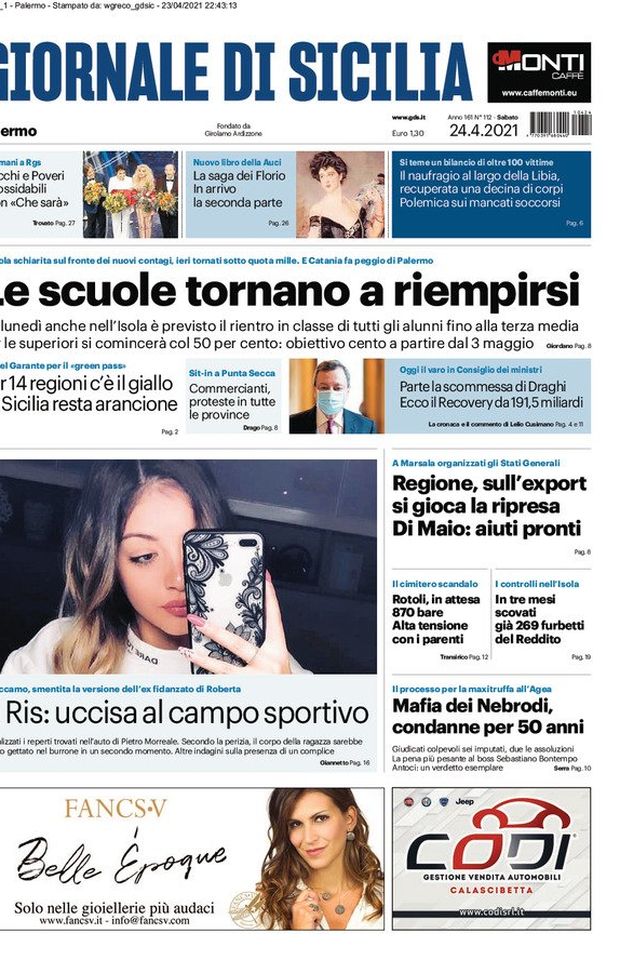 Prima Pagina, Giornale di Sicilia: “Le scuole tornano a riempirsi. Il Ris, uccisa al campo sportivo” 