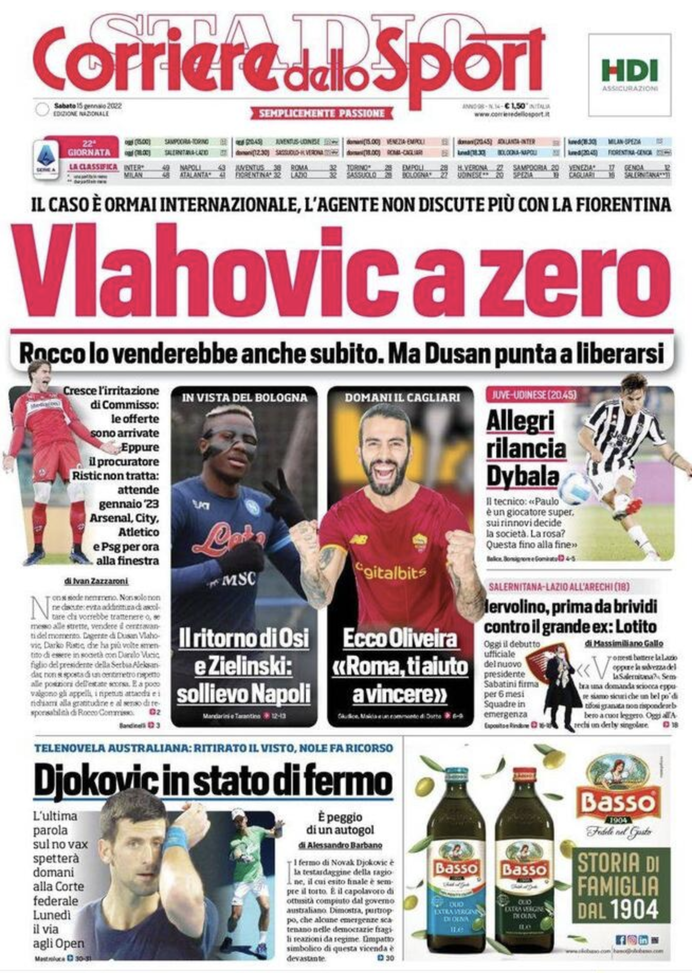 Prima Pagina, Corriere dello Sport: “Vlahovic a zero. Allegri rilancia Dybala” prima pagina