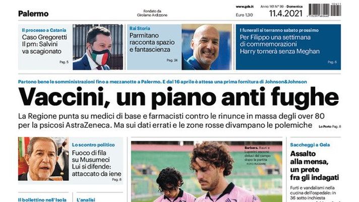 Prima Pagina, Giornale di Sicilia: “Vaccini, un piano anti fughe. I rosa vanno in bianco, deludente prestazione al Barbera” 
