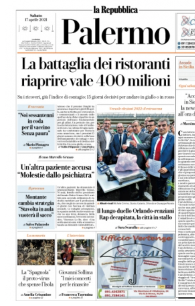 Prima Pagina, La Repubblica Palermo: “La battaglia dei ristoranti, riaprire vale 400 milioni” 