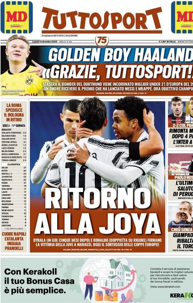  Tuttosport, la prima pagina di oggi, lunedì 14 dicembre 2020 