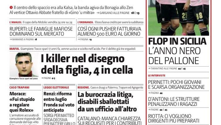 Prima Pagina, Giornale di Sicilia: “Palermo e Trapani retrocesse. Flop in Sicilia, l’anno nero del pallone” 