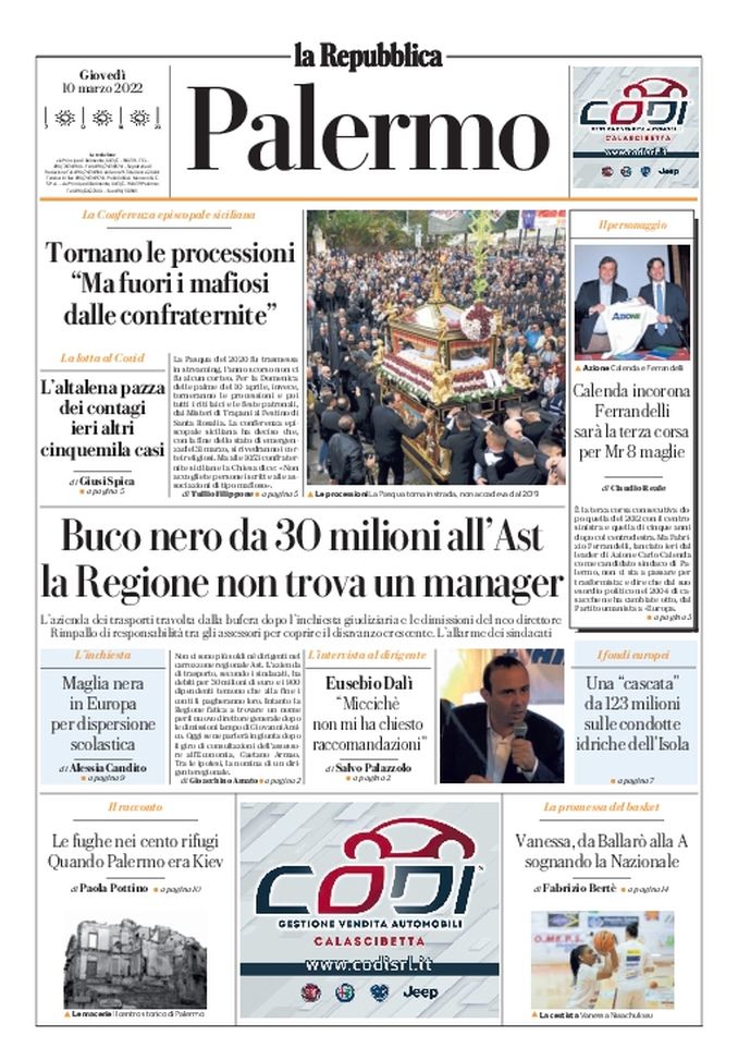 Prima Pagina, La Repubblica-Palermo: “Buco nero da 30 milioni all’Ast” - immagine 1