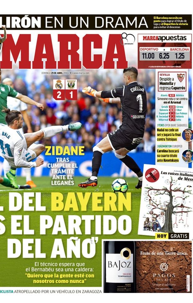 Prima Pagina, Marca: &#8220;Zidane: &#8216;Quella col Bayern è la partita dell&#8217;anno&#8217;. Simeone fa turnover e pensa all&#8217;Arsenal. Il Barcellona cerca un punto per vincere la Liga&#8230;&#8221; 