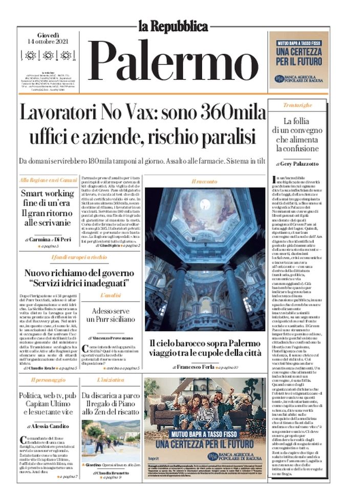 Prima Pagina, La Repubblica-Palermo: “Lavoratori No Vax: sono 360mila”  Prima Pagina, La Repubblica-Palermo: “Lavoratori No Vax: sono 360mila” - immagine 1
