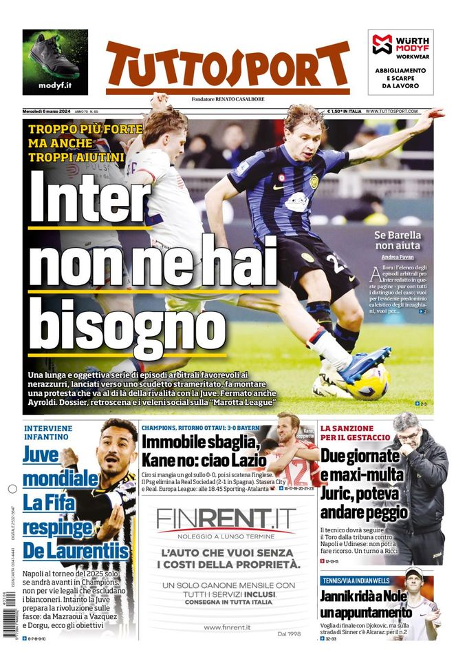 Prima Pagina Tuttosport mercoledì 6 marzo