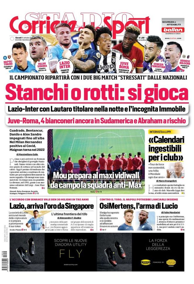 EDICOLA CDS / Stanchi o rotti: si gioca. Lazio-Inter con Lautaro titolare nella notte EDICOLA CDS / Stanchi o rotti: si gioca. Lazio-Inter con Lautaro titolare nella notte - immagine 1