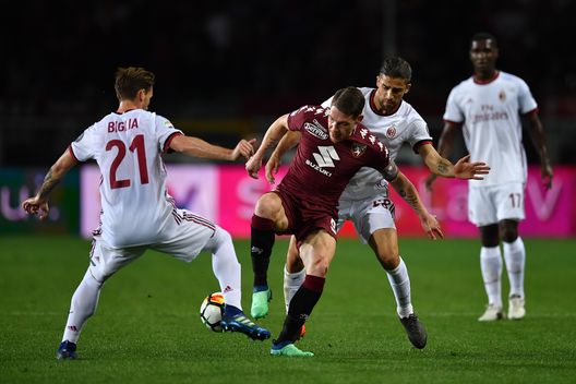 TURIN, ITALY - APRIL 18: Andrea Belotti (C) of Torino FC is challenged by Ricardo Rodriguez (R) and Lucas Biglia of AC Milan during the Serie A match between Torino FC and AC Milan at Stadio Olimpico di Torino on April 18, 2018 in Turin, Italy. (Photo by Valerio Pennicino/Getty Images) TURIN, ITALY - APRIL 18: Andrea Belotti (C) of Torino FC is challenged by Ricardo Rodriguez (R) and Lucas Biglia of AC Milan during the Serie A match between Torino FC and AC Milan at Stadio Olimpico di Torino on April 18, 2018 in Turin, Italy. (Photo by Valerio Pennicino/Getty Images)
