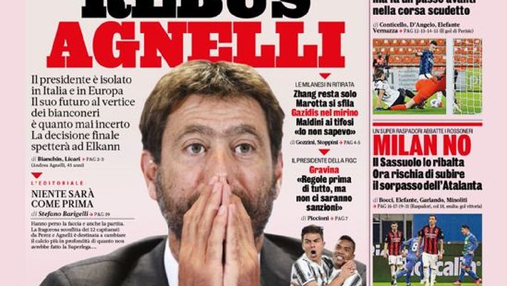 Prima Pagina, La Gazzetta dello Sport: “Rebus Agnelli, futuro quanto mai incerto. Inter +10, Milan no” 