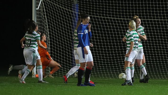GLASGOW, SCOTLAND - NOVEMBER 15: Summer Green of Celtic is congratulated by team mates after she scores the only goal of the game from the penalty spot during the Scottish Building Society Women's Premier League match between Rangers and Celtic at The Hummel Training Centre on November 15, 2020 in Glasgow, Scotland. (Photo by Ian MacNicol/Getty Images) GLASGOW, SCOTLAND - NOVEMBER 15: Summer Green of Celtic is congratulated by team mates after she scores the only goal of the game from the penalty spot during the Scottish Building Society Women's Premier League match between Rangers and Celtic at The Hummel Training Centre on November 15, 2020 in Glasgow, Scotland. (Photo by Ian MacNicol/Getty Images)
