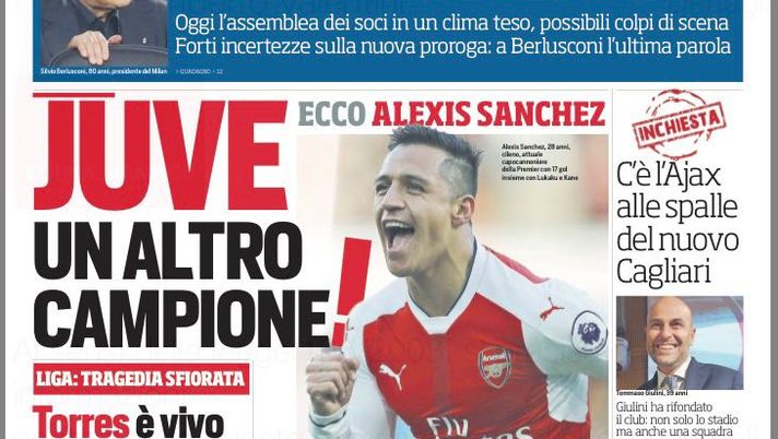 Prima Pagina, Corriere dello Sport: “Juve, ecco Alexis Sanchez. Milan cinese, è caos” Prima Pagina, Corriere dello Sport: “Juve, ecco Alexis Sanchez. Milan cinese, è caos”