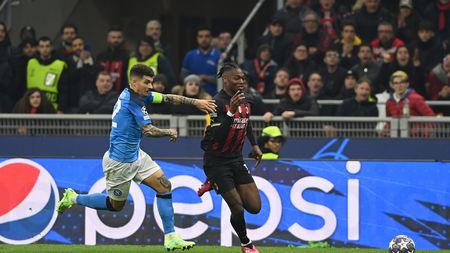 MILAN, ITALY - APRIL 12: Rafael Leao of AC Milan in action during the UEFA Champions League quarterfinal first leg match between AC Milan and SSC Napoli at Giuseppe Meazza Stadium on April 12, 2023 in Milan, Italy. (Photo by Claudio Villa/AC Milan via Getty Images)