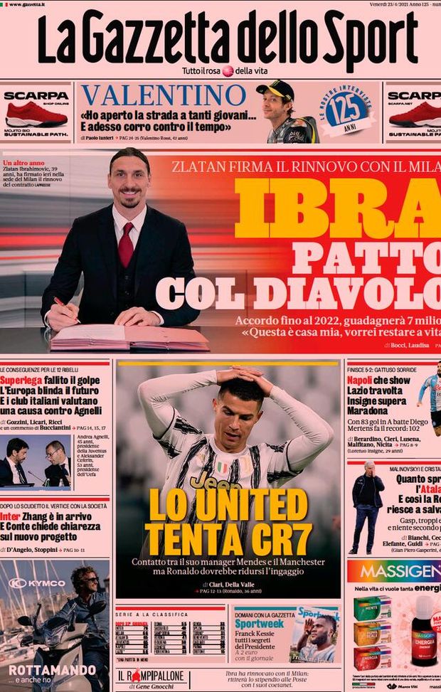 Prima Pagina, La Gazzetta dello Sport: “Ibra, patto col Diavolo! Lo United tenta CR7, Napoli che show” 