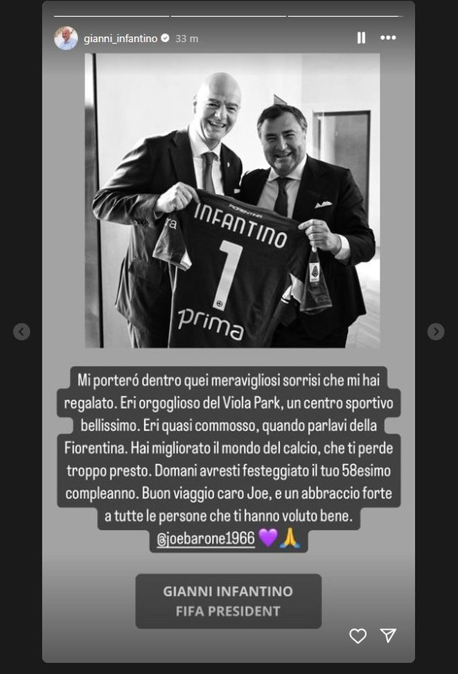 Infantino e il cordoglio per Barone: “Il mondo del calcio ti perde troppo presto”- immagine 3