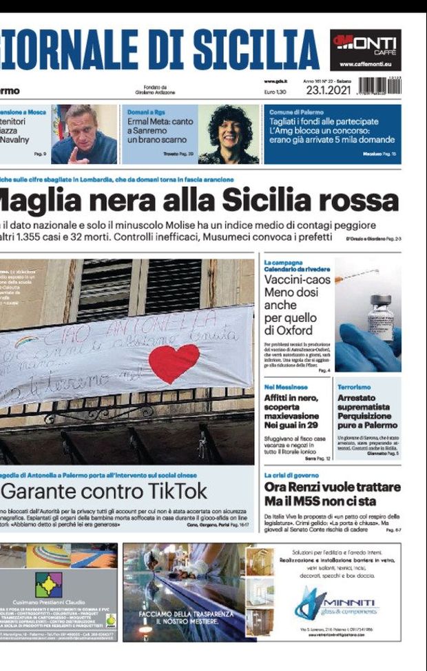 Prima Pagina, Giornale di Sicilia: “Maglia nera alla Sicilia rossa. Il Garante contro TikTok” Prima Pagina, Giornale di Sicilia: “Maglia nera alla Sicilia rossa. Il Garante contro TikTok”