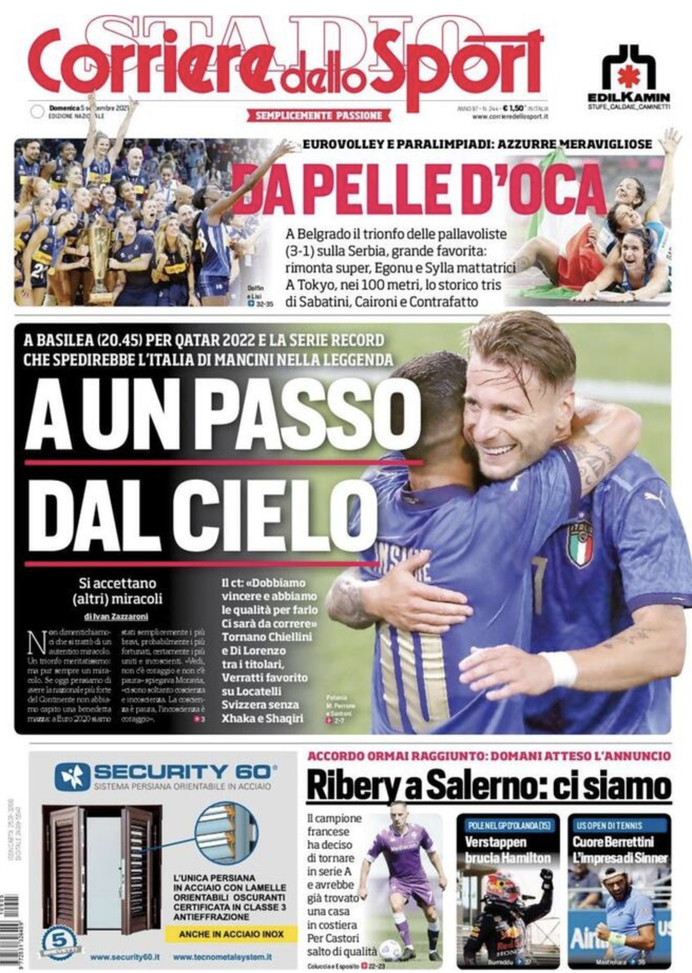 Prima Pagina, Corriere dello Sport: “Italia, ad un passo dal cielo. Ribery a Salerno” Prima Pagina, Corriere dello Sport: “Italia, ad un passo dal cielo. Ribery a Salerno”
