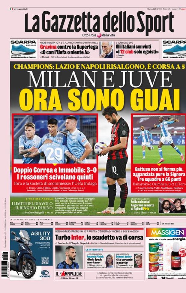 Prima Pagina, La Gazzetta dello Sport: “Milan e Juve, ora sono guai. Turbo Inter, lo scudetto va di corsa” 