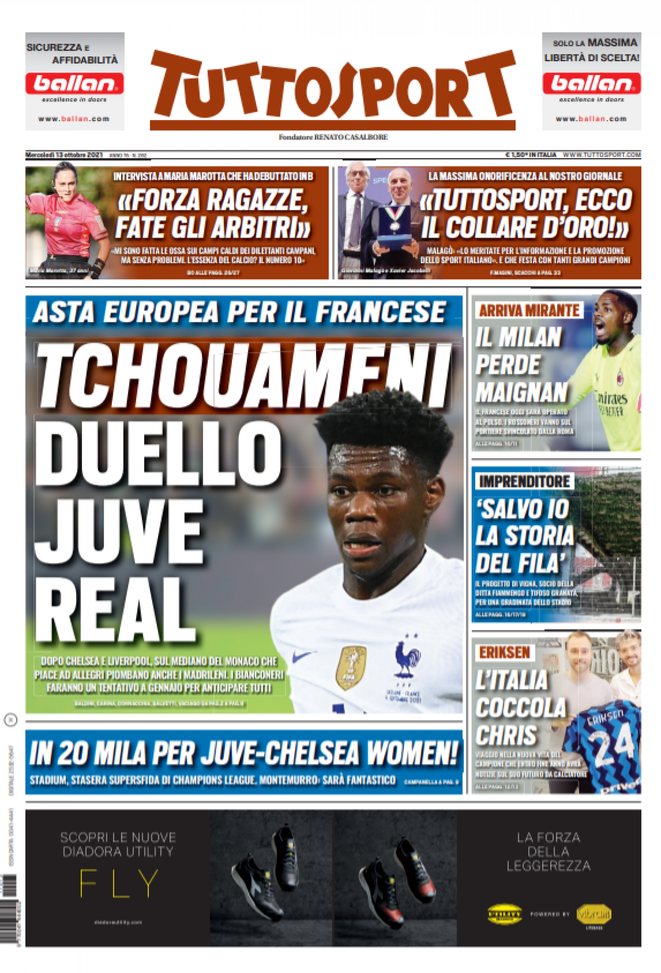 Prima Pagina, Tuttosport: “Tchouameni, duello Juve-Real. Milan, arriva Mirante” - immagine 1