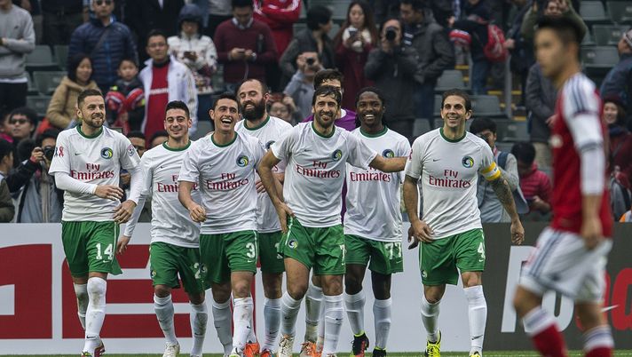 SO KON PO, HONG KONG SAR - FEBRUARY 19:  Players of New York Cosmos celebrate after scoring the victory goal during the 2015 Lunar New Year Cup match between South China and the New York Cosmos at Hong Kong Stadium on February 19, 2015 in So Kon Po, Hong Kong.  (Photo by Victor Fraile/Getty Images) 