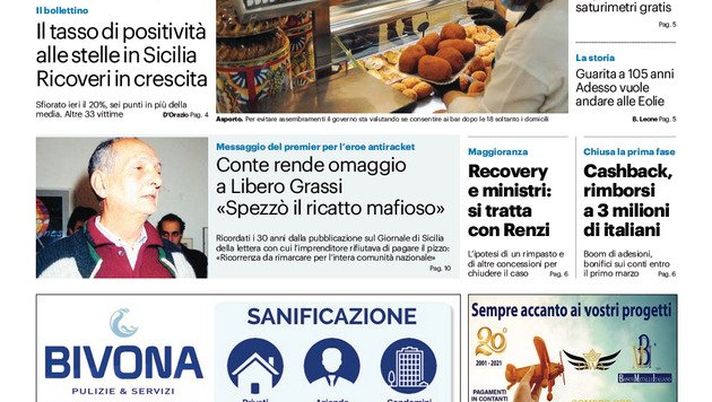 Prima Pagina, Giornale di Sicilia: &#8220;Stretta anti movida sui bar, tasso di positività alle stelle in Sicilia&#8221; 