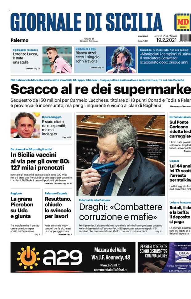 Prima Pagina, Giornale di Sicilia: “Scacco al re del supermarket. In Sicilia vaccini al via per gli over 80: 127 mila i prenotati” Prima Pagina, Giornale di Sicilia: “Scacco al re del supermarket. In Sicilia vaccini al via per gli over 80: 127 mila i prenotati”