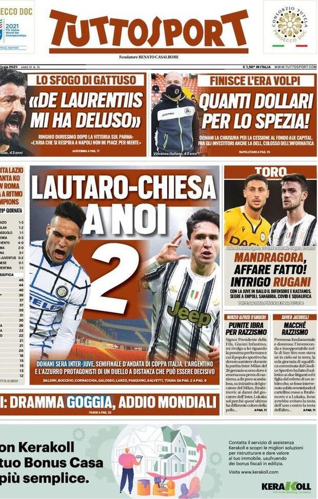 Prima pagina, Tuttosport: “”Lautaro-Chiesa, a noi due. De Laurentiis mi ha deluso”  Prima pagina, Tuttosport: “”Lautaro-Chiesa, a noi due. De Laurentiis mi ha deluso”