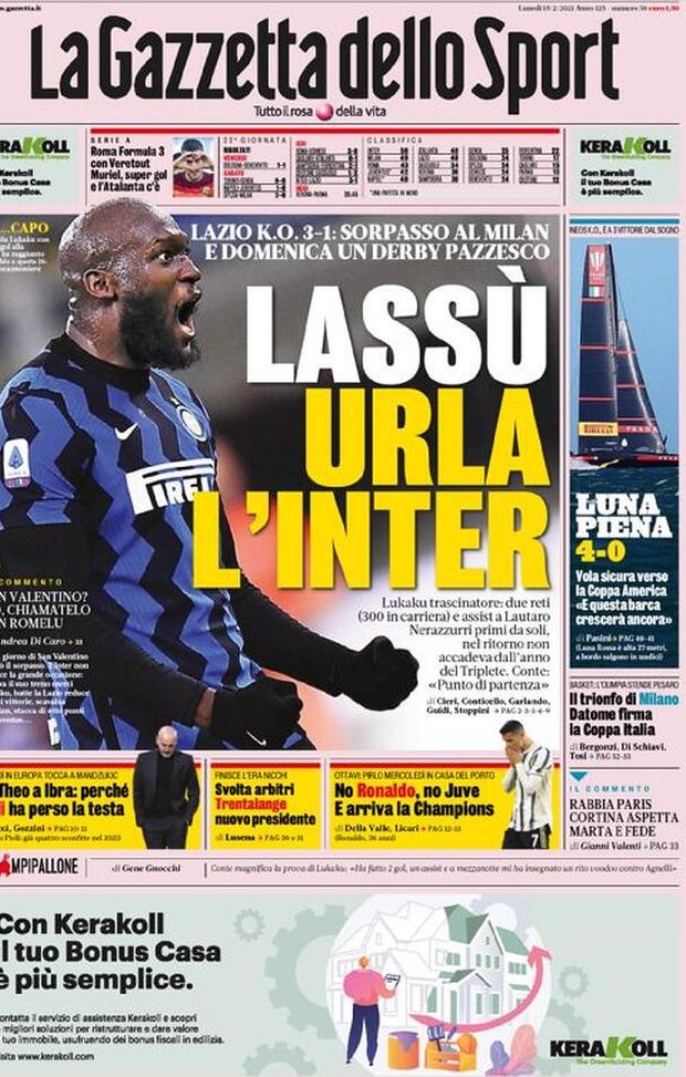 Prima Pagina, La Gazzetta dello Sport: “Lassù urla l’Inter. Lukaku trascinatore, nerazzurri primi da soli” Prima Pagina, La Gazzetta dello Sport: “Lassù urla l’Inter. Lukaku trascinatore, nerazzurri primi da soli”
