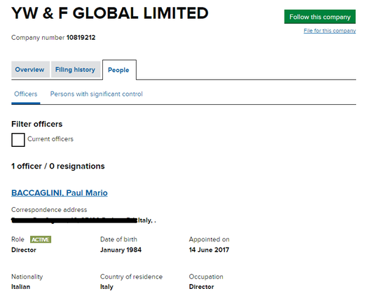  Documento registrazione YW &amp; F Global Limited nel registro delle imprese britanniche 