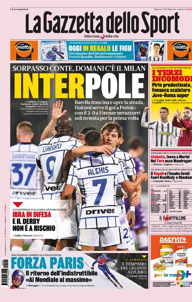 Prima Pagina, La Gazzetta dello Sport: “Inter pole, sorpasso Conte.  I terzi incomodi” 