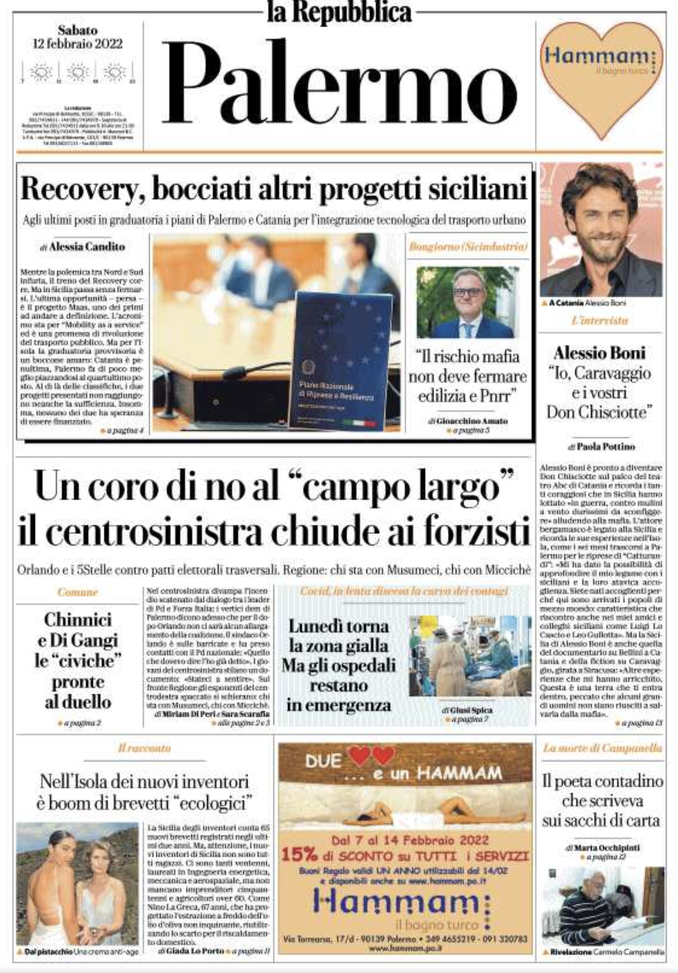 Prima Pagina, La Repubblica-Palermo: “Recovery, bocciati altri progetti siciliani” prima pagina