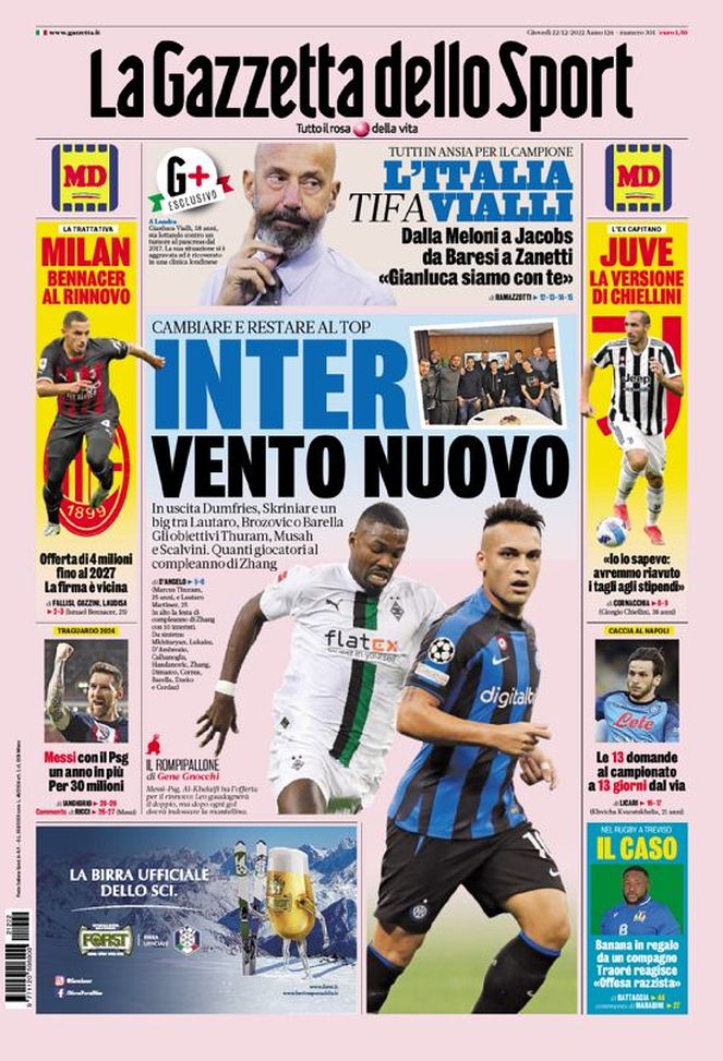 La Gazzetta dello Sport, la prima pagina di oggi, giovedì 22 dicembre 2022 La Gazzetta dello Sport